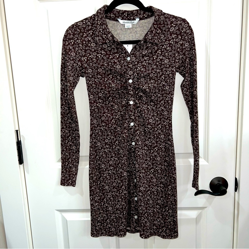NWT American Eagle Ruched Knit Button Front Brown Floral Mini Dress Size XS